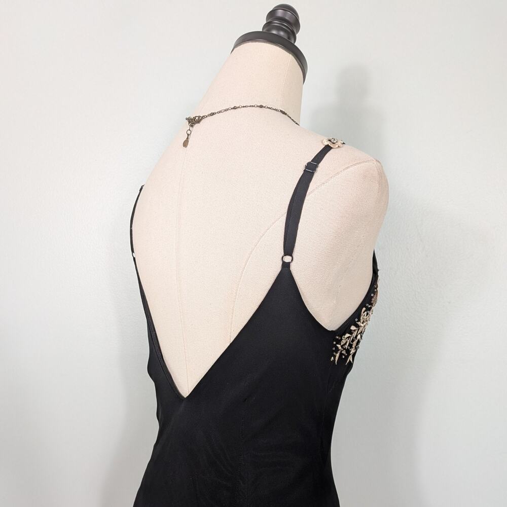 Vintage Cache Silk Midi Dress 6 Slip Floral Embroidered 90S Y2K Black Tan Brown - Picture 6 of 13